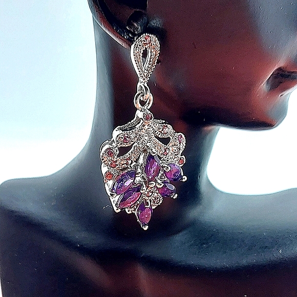 Natural Amethyst 6x3mm & Rhodolite Garnet 925 Sterling Silver Earrings - Picture 2 of 5